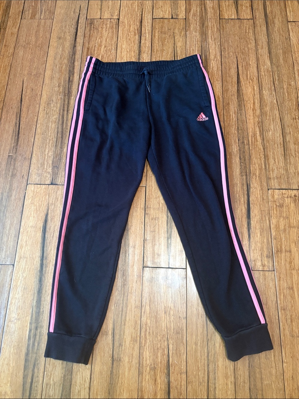 Adidas Sweatpants Joggers Size Youth Kids Girls 14/16 Black Pink Trim Athletic - Picture 1 of 8